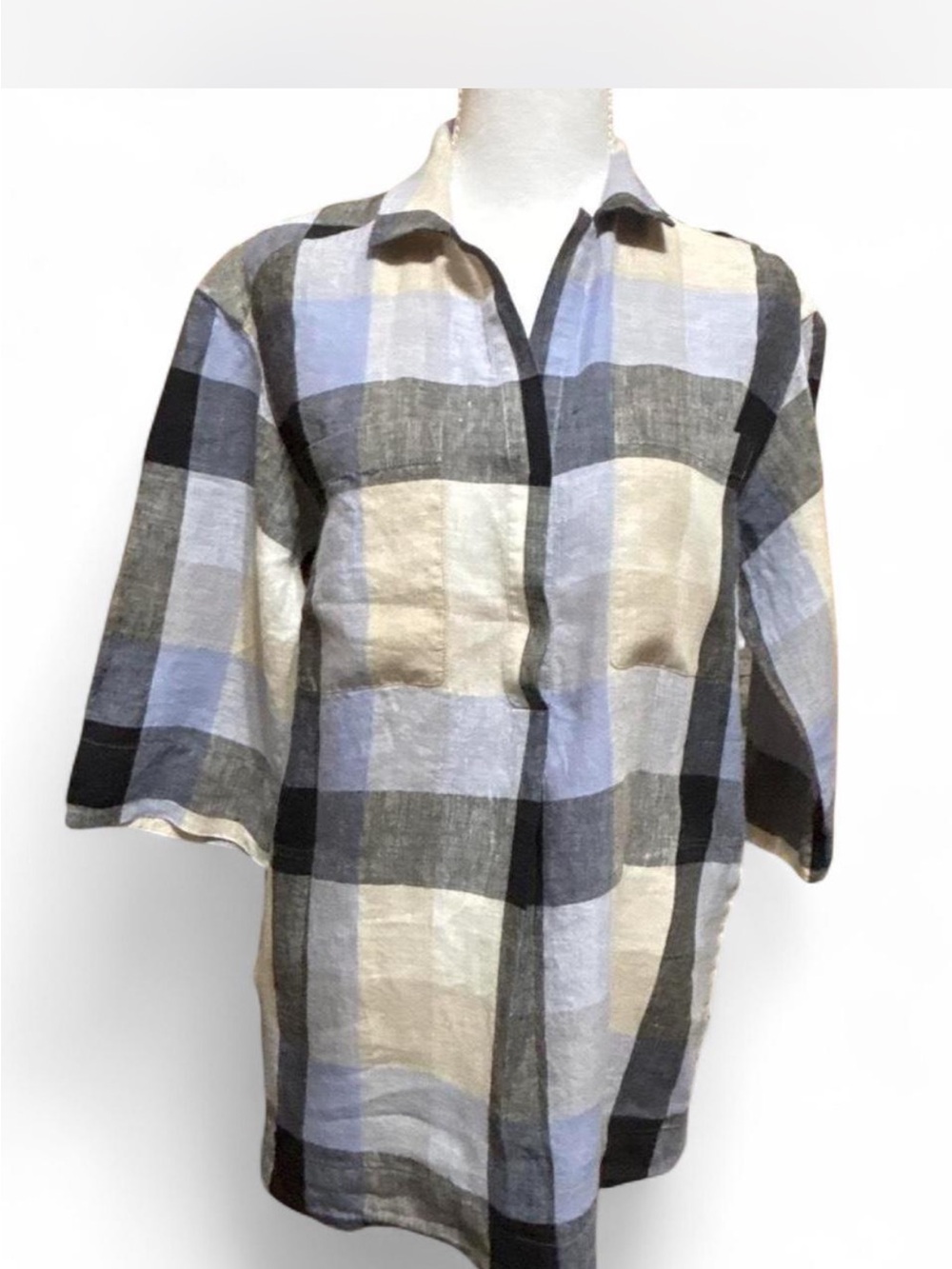 Lafayette 148 NY Luxury Linen Plaid Oversized Shirt Medium Relaxed Fit